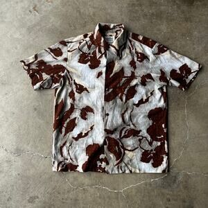VINTAGE MALAHINI HAWAIIAN SHIRT BROWN WHITE MENS LARGE BUTTON DOWN FLORAL